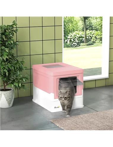 PawHut Hooded Cat Litter Box, Portable Pet Toilet, with Scoop, Front Entry - Pink
