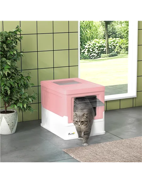 PawHut Hooded Cat Litter Box, Portable Pet Toilet, with Scoop, Front Entry - Pink