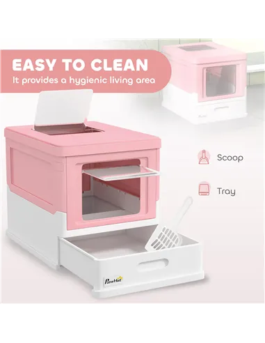 PawHut Hooded Cat Litter Box, Portable Pet Toilet, with Scoop, Front Entry - Pink
