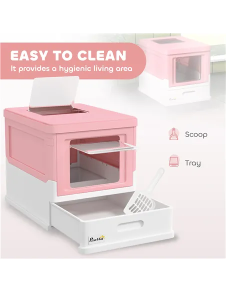 PawHut Hooded Cat Litter Box, Portable Pet Toilet, with Scoop, Front Entry - Pink