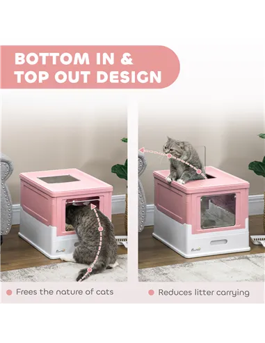 PawHut Hooded Cat Litter Box, Portable Pet Toilet, with Scoop, Front Entry - Pink