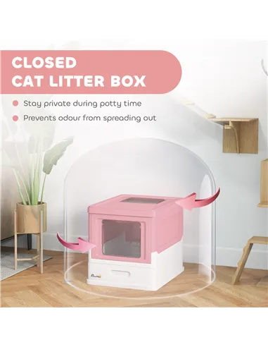 PawHut Hooded Cat Litter Box, Portable Pet Toilet, with Scoop, Front Entry - Pink