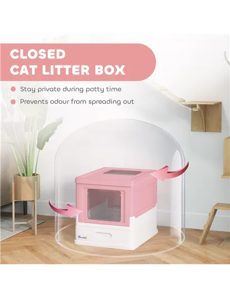 PawHut Hooded Cat Litter Box, Portable Pet Toilet, with Scoop, Front Entry - Pink
