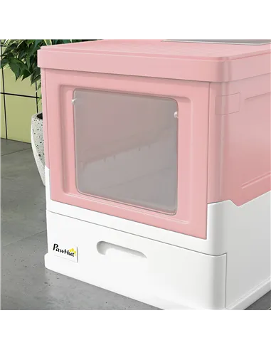 PawHut Hooded Cat Litter Box, Portable Pet Toilet, with Scoop, Front Entry - Pink