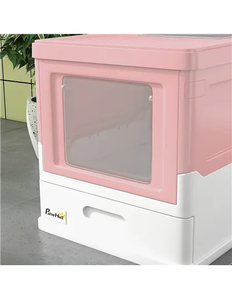 PawHut Hooded Cat Litter Box, Portable Pet Toilet, with Scoop, Front Entry - Pink