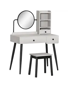 HOMCOM Dressing Table Set with Mirror and Stool, Vanity Makeup Table with 3 Drawers and Open Shelves for Bedroom, Living Room, G