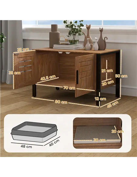 PawHut Cat Litter Box Enclosure with Tall Legs, Scratching Board, Double Doors, Ventilation Holes, 80 x 45 x 50 cm, Dark Brown