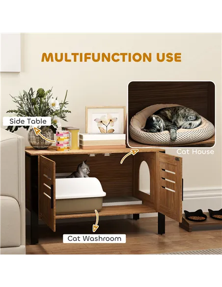 PawHut Cat Litter Box Enclosure with Tall Legs, Scratching Board, Double Doors, Ventilation Holes, 80 x 45 x 50 cm, Dark Brown