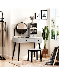 HOMCOM Dressing Table Set with Mirror and Stool, Vanity Makeup Table with 3 Drawers and Open Shelves for Bedroom, Living Room, G 2