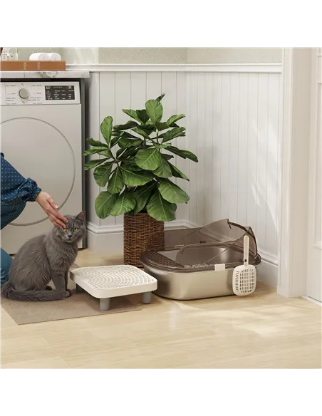 PawHut Stainless Steel Litter Box with Lid, High Wall Sided Enclosure, Pedal, Scoop, Non-Sticky, Anti-Leakage, Easy Cleaning