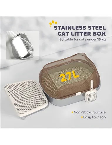 PawHut Stainless Steel Litter Box with Lid, High Wall Sided Enclosure, Pedal, Scoop, Non-Sticky, Anti-Leakage, Easy Cleaning