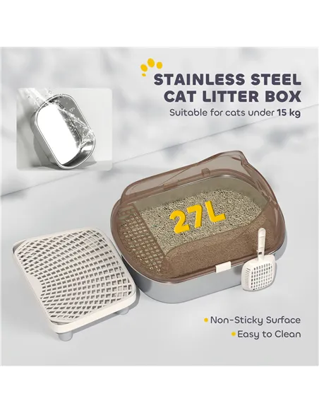 PawHut Stainless Steel Litter Box with Lid, High Wall Sided Enclosure, Pedal, Scoop, Non-Sticky, Anti-Leakage, Easy Cleaning