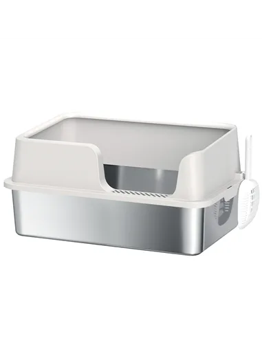 PawHut Stainless Steel Litter Box with Detachable Rim, Scoop, Easy Cleaning, Odour-Resistant, 60 x 40 x 28 cm