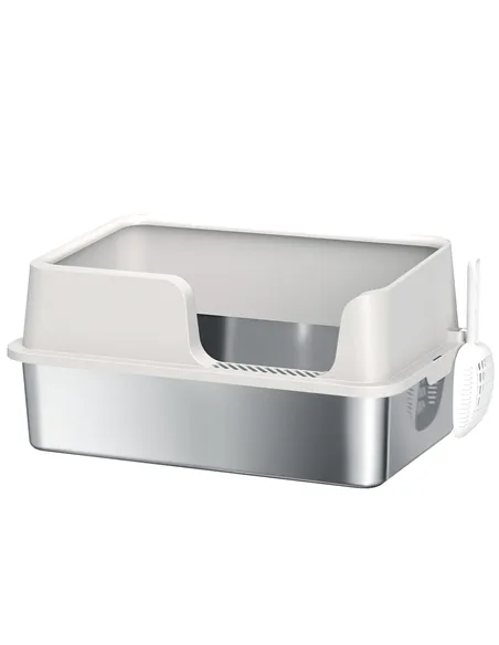 PawHut Stainless Steel Litter Box with Detachable Rim, Scoop, Easy Cleaning, Odour-Resistant, 60 x 40 x 28 cm