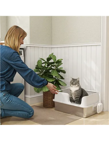 PawHut Stainless Steel Litter Box with Detachable Rim, Scoop, Easy Cleaning, Odour-Resistant, 60 x 40 x 28 cm