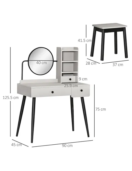HOMCOM Dressing Table Set with Mirror and Stool, Vanity Makeup Table with 3 Drawers and Open Shelves for Bedroom, Living Room, G