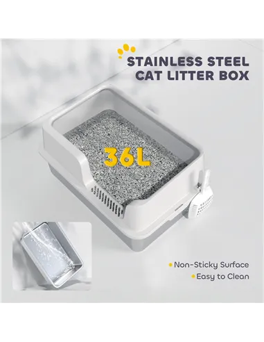 PawHut Stainless Steel Litter Box with Detachable Rim, Scoop, Easy Cleaning, Odour-Resistant, 60 x 40 x 28 cm