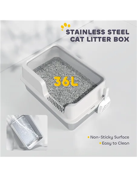 PawHut Stainless Steel Litter Box with Detachable Rim, Scoop, Easy Cleaning, Odour-Resistant, 60 x 40 x 28 cm