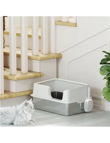 PawHut Stainless Steel Litter Box with Detachable Rim, Scoop, Easy Cleaning, Odour-Resistant, 60 x 40 x 28 cm