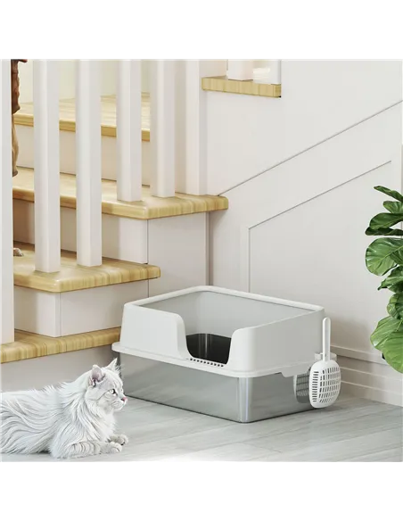PawHut Stainless Steel Litter Box with Detachable Rim, Scoop, Easy Cleaning, Odour-Resistant, 60 x 40 x 28 cm