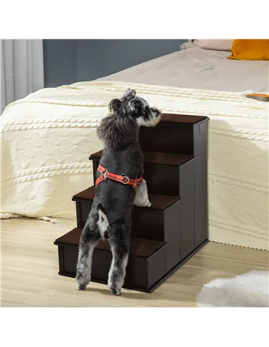 PawHut 4 Step Wooden Dog Steps Pet Stairs for Dogs, Cat Ladder for Bed Couch with Non-Slip Carpet 40 x 59 x 54.2 cm, Dark brown