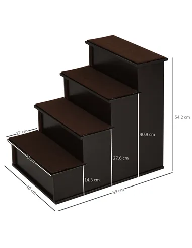 PawHut 4 Step Wooden Dog Steps Pet Stairs for Dogs, Cat Ladder for Bed Couch with Non-Slip Carpet 40 x 59 x 54.2 cm, Dark brown
