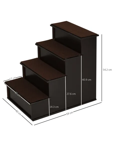PawHut 4 Step Wooden Dog Steps Pet Stairs for Dogs, Cat Ladder for Bed Couch with Non-Slip Carpet 40 x 59 x 54.2 cm, Dark brown