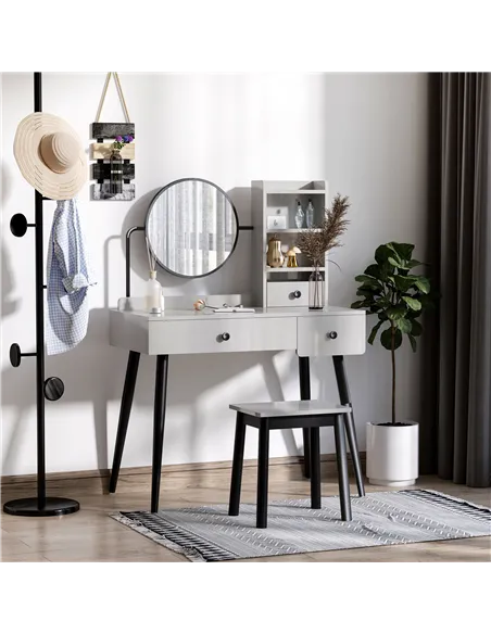 HOMCOM Dressing Table Set with Mirror and Stool, Vanity Makeup Table with 3 Drawers and Open Shelves for Bedroom, Living Room, G