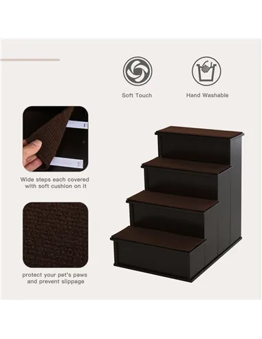 PawHut 4 Step Wooden Dog Steps Pet Stairs for Dogs, Cat Ladder for Bed Couch with Non-Slip Carpet 40 x 59 x 54.2 cm, Dark brown