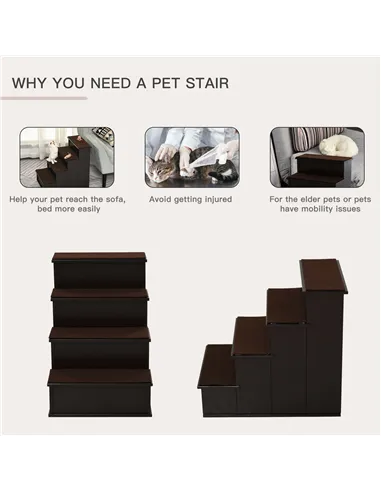 PawHut 4 Step Wooden Dog Steps Pet Stairs for Dogs, Cat Ladder for Bed Couch with Non-Slip Carpet 40 x 59 x 54.2 cm, Dark brown