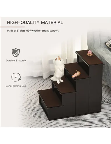 PawHut 4 Step Wooden Dog Steps Pet Stairs for Dogs, Cat Ladder for Bed Couch with Non-Slip Carpet 40 x 59 x 54.2 cm, Dark brown