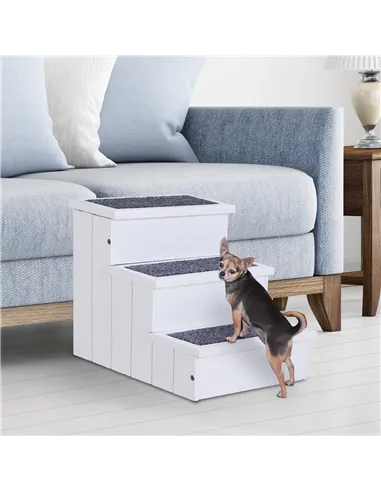 PawHut 3 Step Wooden Dog Steps Pet Stairs for Dogs, Cat Ladder for Bed Couch with Storage White
