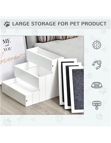 PawHut 3 Step Wooden Dog Steps Pet Stairs for Dogs, Cat Ladder for Bed Couch with Storage White