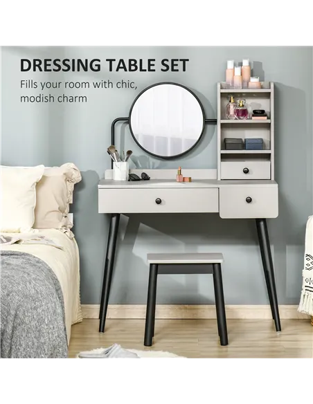 HOMCOM Dressing Table Set with Mirror and Stool, Vanity Makeup Table with 3 Drawers and Open Shelves for Bedroom, Living Room, G