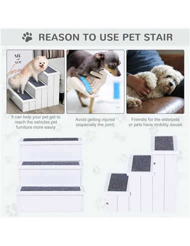 PawHut 3 Step Wooden Dog Steps Pet Stairs for Dogs, Cat Ladder for Bed Couch with Storage White