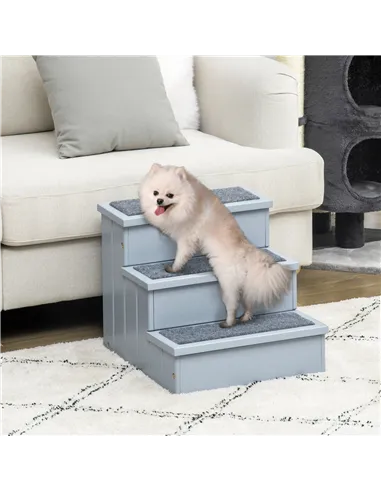 PawHut 3 Step Wooden Dog Steps Pet Stairs for Dogs, Cat Ladder for Bed Couch with Storage Grey