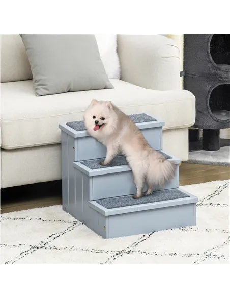 PawHut 3 Step Wooden Dog Steps Pet Stairs for Dogs, Cat Ladder for Bed Couch with Storage Grey