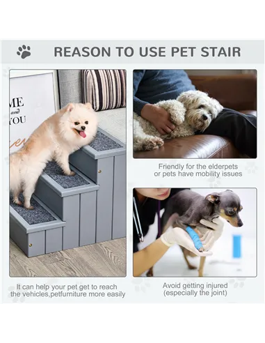 PawHut 3 Step Wooden Dog Steps Pet Stairs for Dogs, Cat Ladder for Bed Couch with Storage Grey