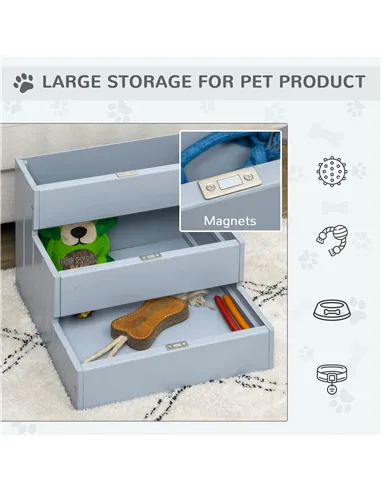 PawHut 3 Step Wooden Dog Steps Pet Stairs for Dogs, Cat Ladder for Bed Couch with Storage Grey