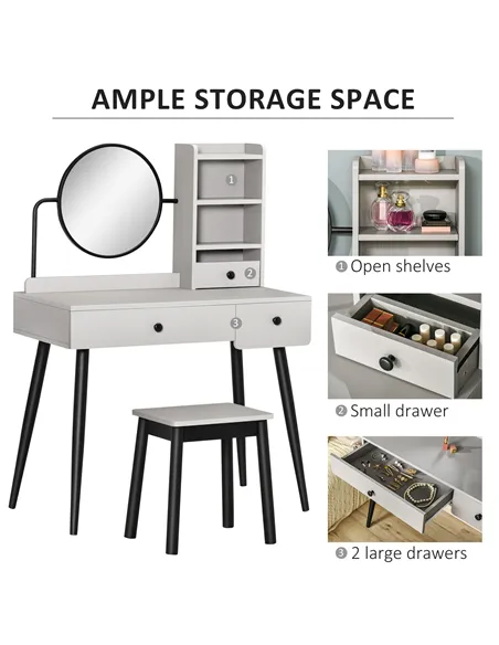 HOMCOM Dressing Table Set with Mirror and Stool, Vanity Makeup Table with 3 Drawers and Open Shelves for Bedroom, Living Room, G