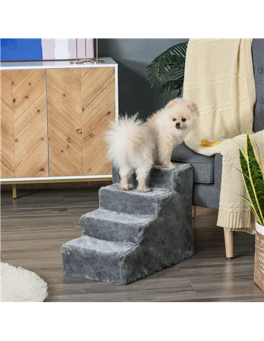 PawHut Four-Step Dog Stairs, with Washable Plush Cover, for High Bed Sofa, Dog Stairs for Small Dog and Cat - Light Grey