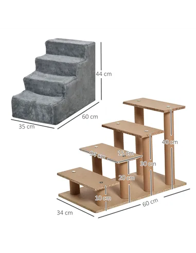 PawHut Four-Step Dog Stairs, with Washable Plush Cover, for High Bed Sofa, Dog Stairs for Small Dog and Cat - Light Grey