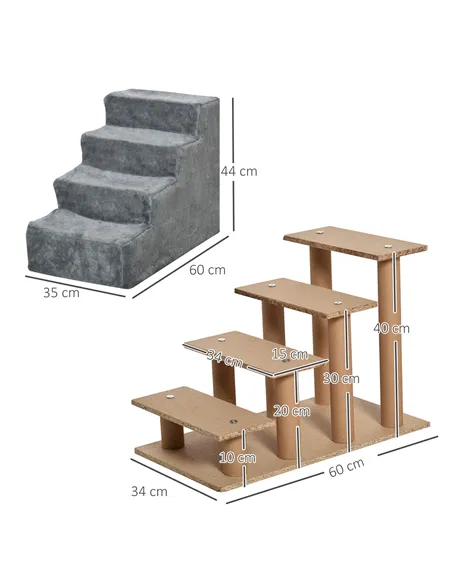 PawHut Four-Step Dog Stairs, with Washable Plush Cover, for High Bed Sofa, Dog Stairs for Small Dog and Cat - Light Grey
