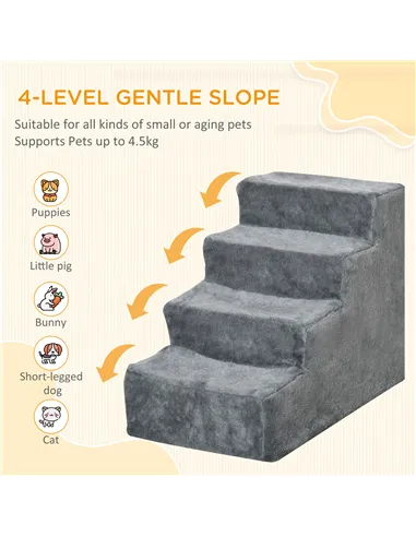 PawHut Four-Step Dog Stairs, with Washable Plush Cover, for High Bed Sofa, Dog Stairs for Small Dog and Cat - Light Grey