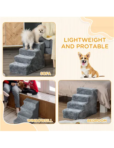 PawHut Four-Step Dog Stairs, with Washable Plush Cover, for High Bed Sofa, Dog Stairs for Small Dog and Cat - Light Grey