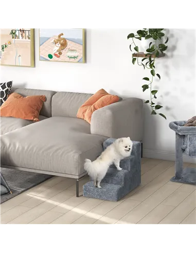 PawHut Four-Step Dog Stairs, with Washable Plush Cover, for High Bed Sofa, Dog Stairs for Small Dog and Cat - Light Grey