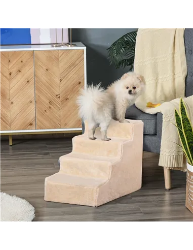 PawHut Four-Step Dog Stairs, with Washable Plush Cover, for High Bed Sofa, Dog Stairs for Small Dog and Cat - Beige