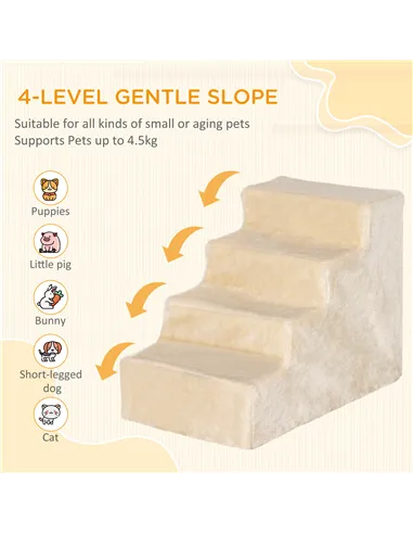 PawHut Four-Step Dog Stairs, with Washable Plush Cover, for High Bed Sofa, Dog Stairs for Small Dog and Cat - Beige