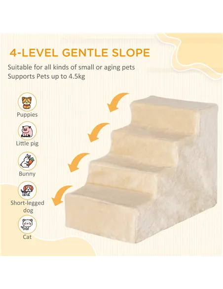 PawHut Four-Step Dog Stairs, with Washable Plush Cover, for High Bed Sofa, Dog Stairs for Small Dog and Cat - Beige