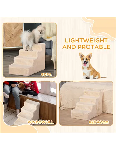 PawHut Four-Step Dog Stairs, with Washable Plush Cover, for High Bed Sofa, Dog Stairs for Small Dog and Cat - Beige